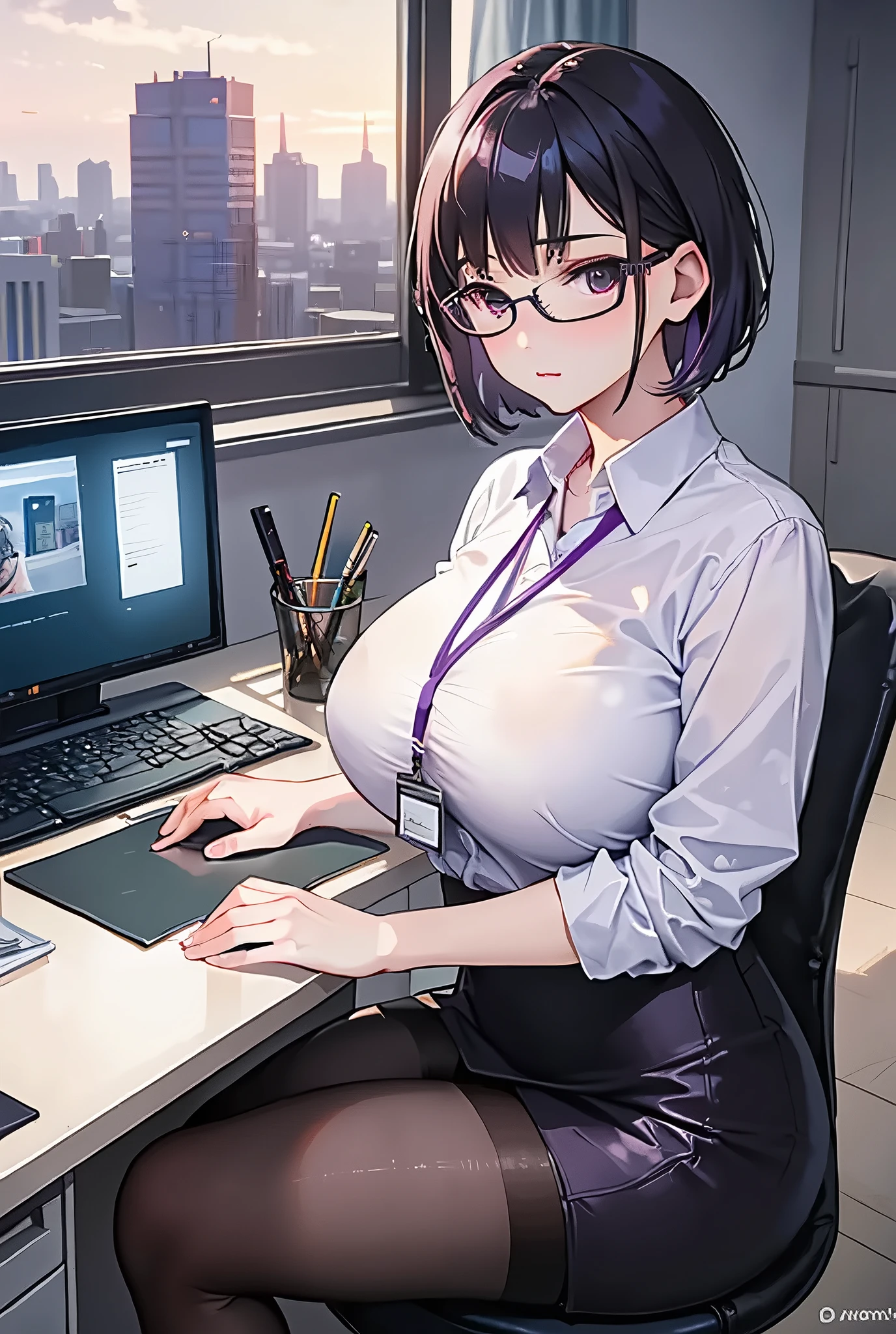 a beautiful girl with long blonde hair, detailed eyes, nose, and lips, wearing professional outfit, siting in her office, using her computer, hp comudetailed portrait of a young professional woman, beautiful girl with long blonde hair, photorealistic, high quality, realistic facial features, detailed eyes, nose and lips, wearing a professional business outfit, sitting in an office setting, using a computer, hp monitor