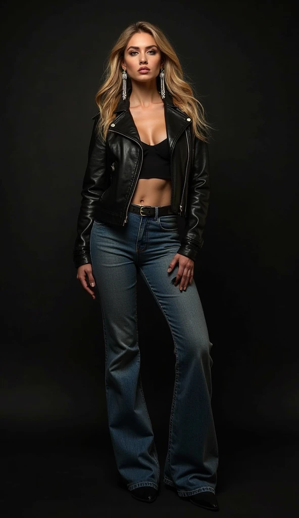 russian woman, platinum blonde hair in top bun ,with very light blue eyes, very pale, heavy eye shadows. Big eyes. Sad face, smeared make up. Wearing black moto jacket, leopard print push up bra and thong, black skinny jeans and white tennis sneakers. Lots of metallic braceles and collars. Tacky leather belt with oversized buckle. Wide loop earrings. Scared face.
