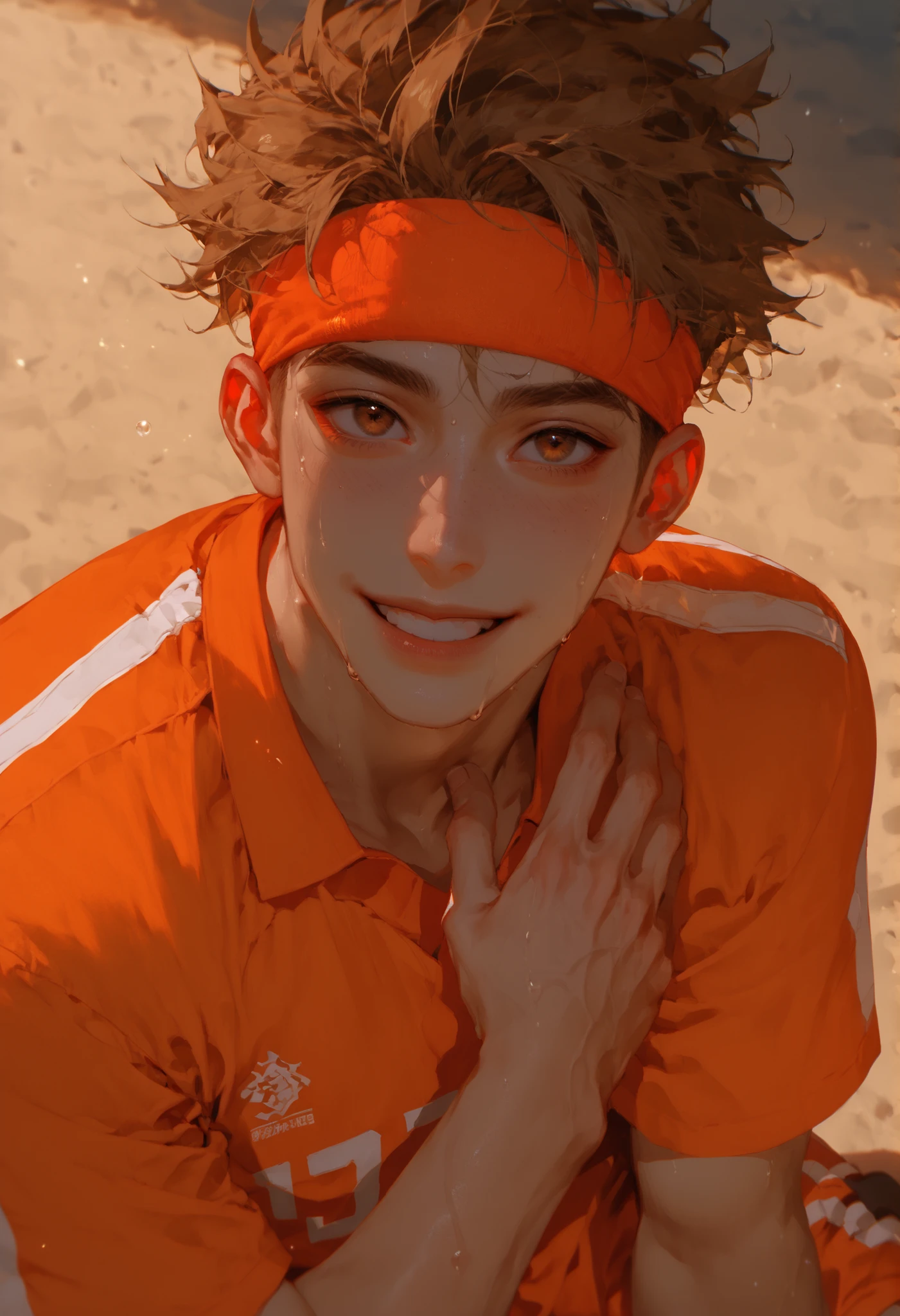 from higher view, half upper body portrait,looking up at viewer, solo, handsome, a man, boy, young boy, around 19 years old, a male volleyball player with light brown very short messy hair, wearing orange headband, dark brown eyes with mischievous glint, fair skin, round face with radiant smile, faint dimpless sweat, wiping sweat on his face with the back of his hand. He wears a gray-white volleyball uniform – matching number 7 jersey and shorts. Indoor background. set in the match. Dynamic warm lighting, anime-style,dramatic shadows. very short hair.