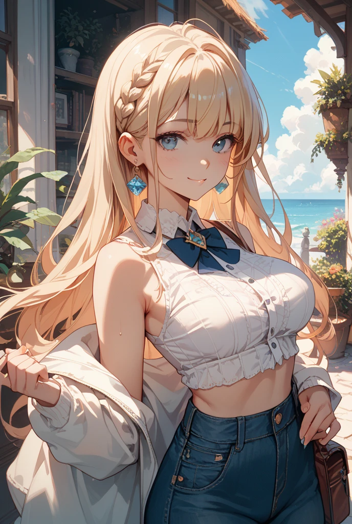 ((masterpiece, best quality, highest quality, ultra-detailed, 32K cg wallpaper, high resolution)),1 woman,golden hair,light blue eye,very long ponytail hair,center parted bangs,huge breasts,smile,parted lips, light green camisole, bare shoulders, cleavage, crop top, cutoffs, white shorts, midriff, short shorts, spaghetti strap, standing,from left in front,bed side,