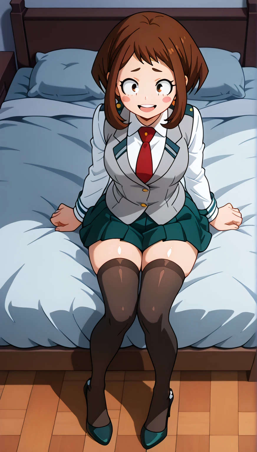 masterpiece, Highest quality, look up, Looking at the audience, smile, short hair, blonde, Red ribbon in hair, (uniform:1.2), Hotel,Large Breasts,Lying down,Spread your legs,Protruding nipples,White mucus in the groin area,Lying in bed