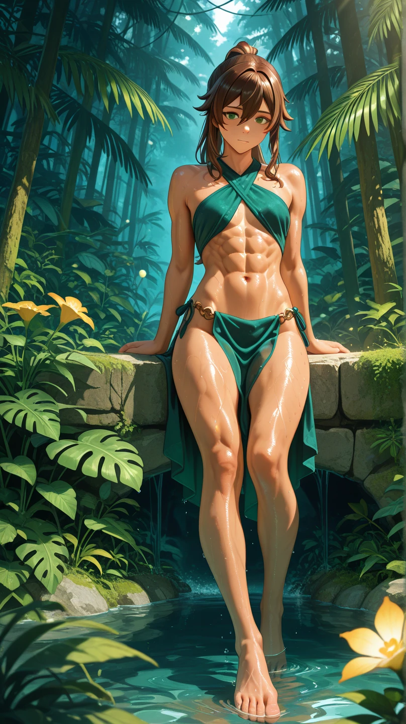 standing in the forest, in a bad mood, with hands on hips, (((wearing a very sexy bikini))), heels, work of art. (toned legs), (toned belly), bright green eyes