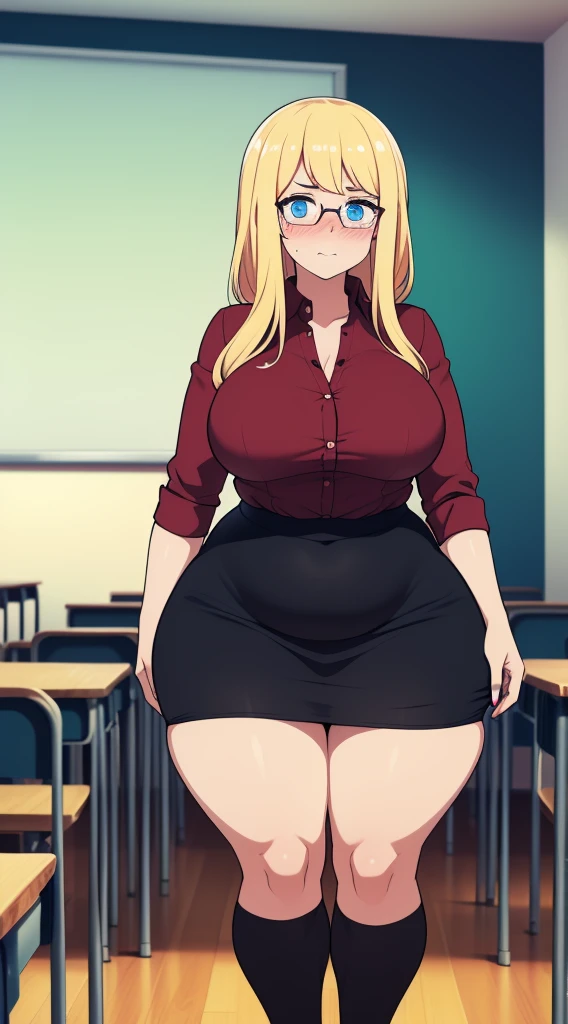 ((highres)) ,Masterpiece, high quality, best quality, beautiful, perfect lighting, detailed face, ultra cute face, ((1girl)), ((solo), long blonde hair, ponytail, blue eyes, glasses, ((blush)), embarrassed, looking at viewer, arms behind back, standing in a classroom, (classroom), daytime, dress shirt, pencil skirt, thigh highs, wide hips, (thick thighs), chubby, medium breasts, perky breasts, 24 year old female,
