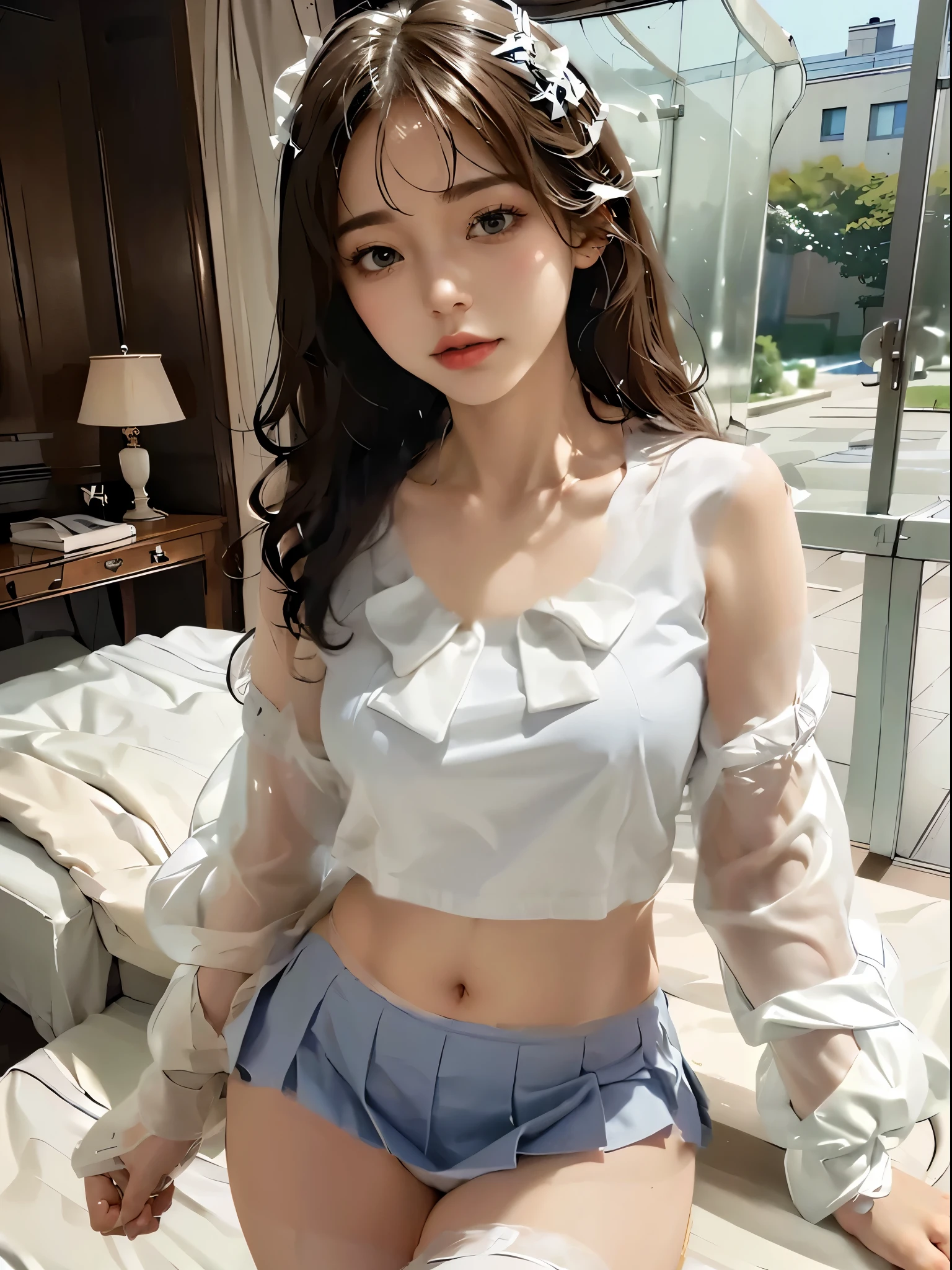 1 girl, blue eyes, Long hair, Big breasts,,Button-up shirt,Pronounced nipple contour,Exposed breasts, ((Thong:1.6)),Legs open,Thin hips,Lean forward,bend over,(Hips:2.0),Low Rise,High slit,Facing the camera,Look at the lens,full-body shot,(超Low angle upward shot:1.6), Unity 8k wallpaper, Ultra Detailed, Aesthetic, masterpiece, best quality, Realistic,Random color matching,Face HD,Full body close-up,Extreme low-angle telephoto:1.6。Shoot at extreme angles,underboob shirt,skirt,Small amount,Prominent genital outline。underboob,Low angle upward shot:1.6