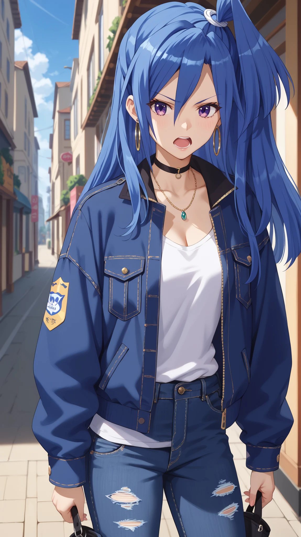 1 woman、(Tsubasa Kazanari (Season 01)), Long hair, blue hair, one side up, purple eyes, distressed denim jacket with patches and pins, paired with black skinny jeans and combat boots, Accessories: silver hoop earrings and a black choker necklace, open neckline, cleavage, silver earrings,