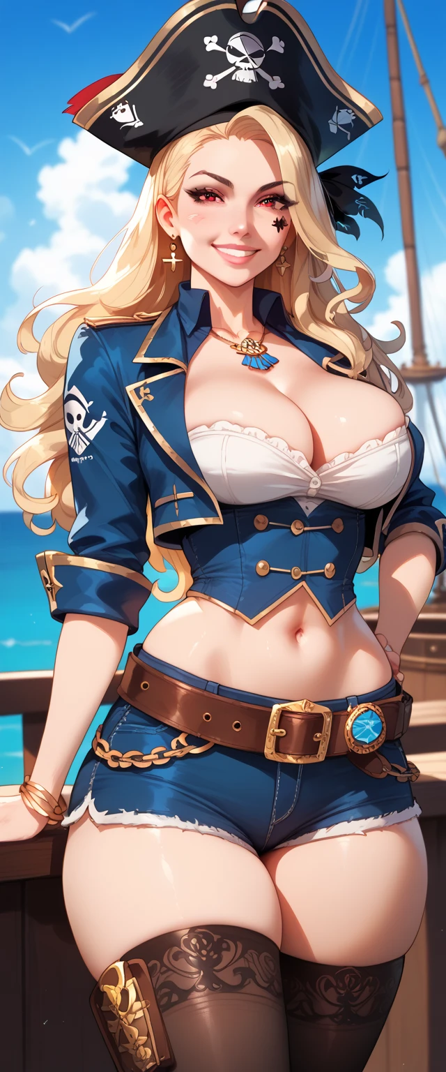 ((anime style)), (fantasy setting), (pirate ship), 1 woman, she is a pirate captain, light brown hair, detailed beautiful blue eyes, luscious lips, (((perfectly detailed gorgeous face))), ((huge perky breasts)), ((perfect sexy body)), (black pirate hat), ((pirate outfit)), ((white shirt)), boots, (((cleavage focus))).