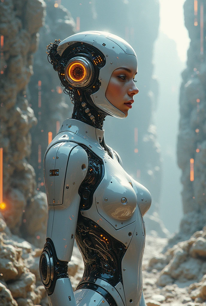 a woman in a futuristic suit with a glowing head and chest, cyberpunk art inspired by Marek Okon, cgsociety contest winner, digital art, gynoid cyborg body, girl in mecha cyber armor, cyber suit, cybersuit, in white futuristic armor, cybersuits, diverse cybersuits, gynoid body, echo from overwatch, perfect anime cyborg woman