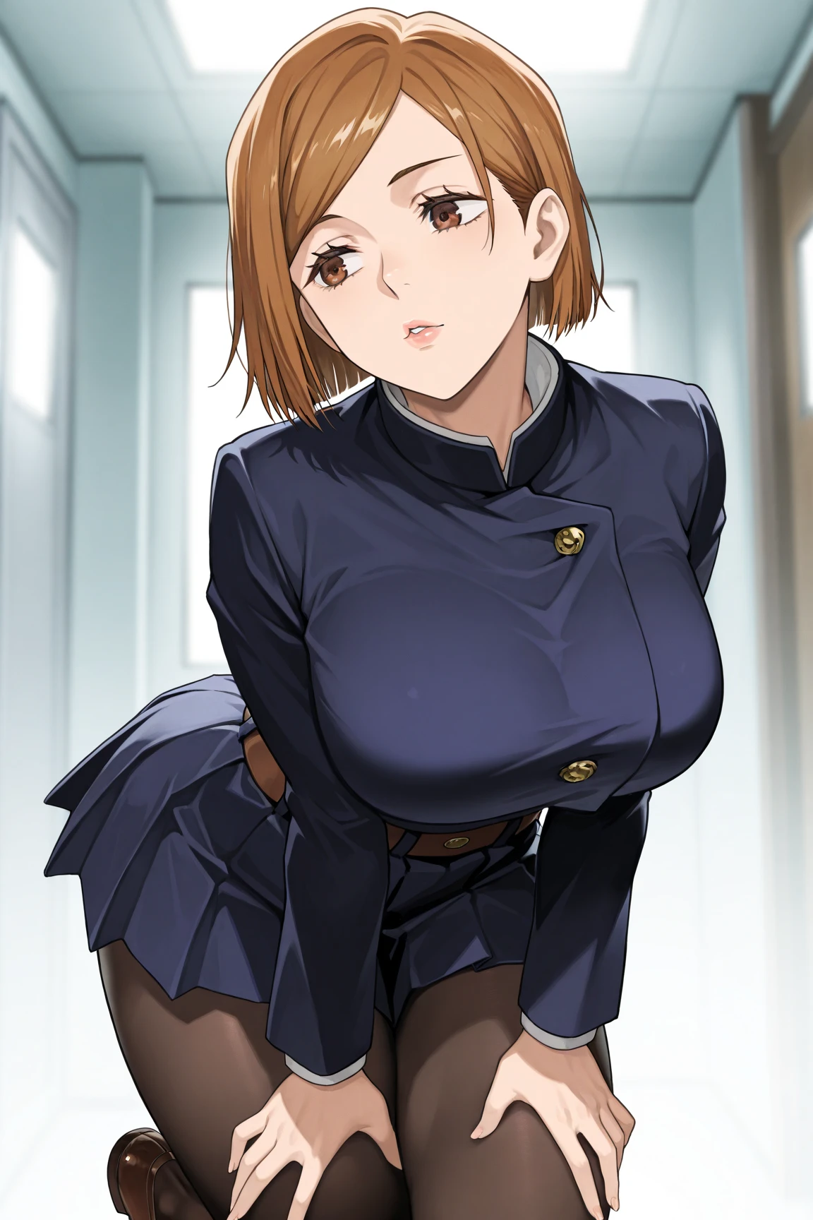 (masterpiece), best quality, expressive eyes, perfect face, (((semi realistic)))hentai, (((doggystyle))), {maki} getting fucked from behind by a boy, ((((sex from behind))) , , black jacket, long sleeves, black skirt, pantyhose, brown hair, brown eyes, kugisaki nobara