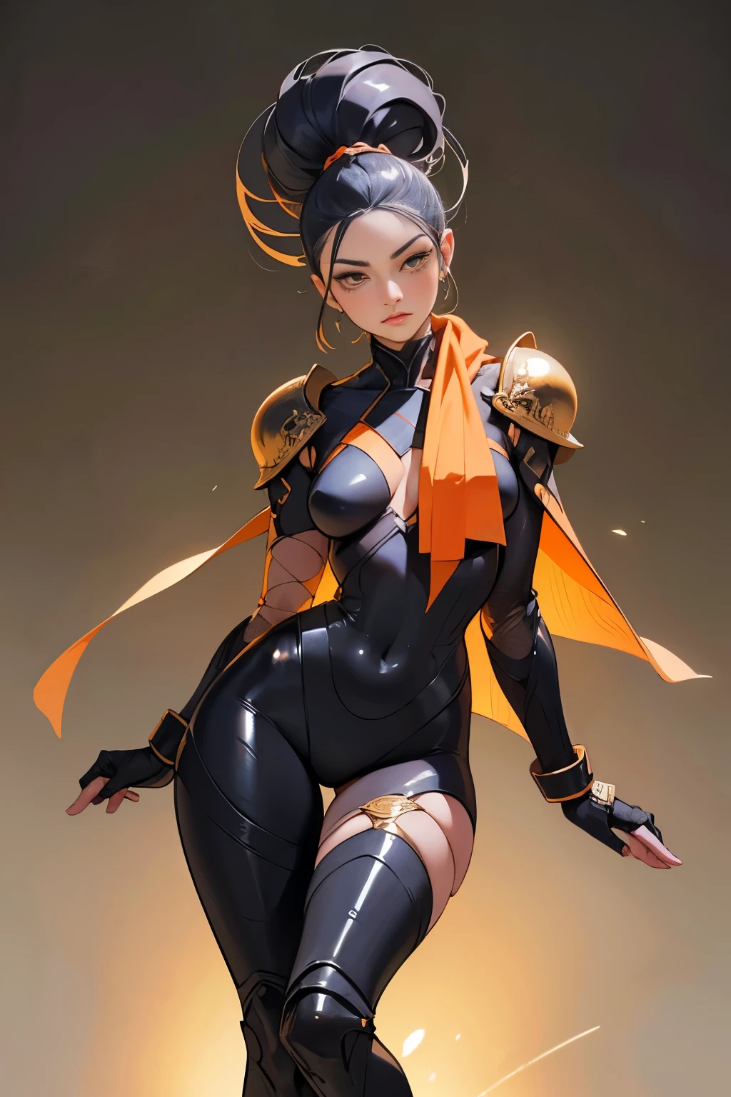 [Shinjuku background at night],(HENTAI ANIME) (Japanese NINJA Girl (Beauty) 15yo student) petite and muscular [Slim & fit body], Short Bob Cut,([hornet] Orange Ninja Battle Armor) scarf [stall] ((Fitting rubber inner) [honeycomb] [edg]) hair adornments (Dull metallic luster:0.8),gravure [KUNOICHI],(Perfectly proportioned),Ideal color coordination),(Intricate and beautiful decoration (Dense detail)),[Perfect hand details],(Beautiful perfect face, yellow eyes, yellow irises, [Perfect eye details, [Full body like], fit thighs, thigh gap,[[Desaturation]], pretty hands, perfect fingers