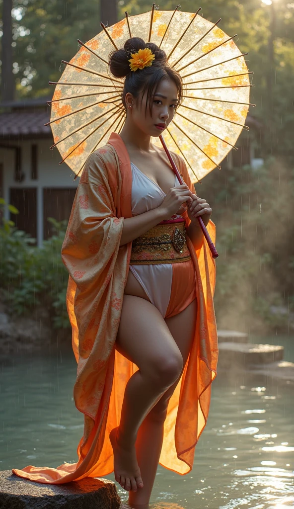 photorealistic, high resolution, soft lights, 1women, solo, hips up, shining skin, (detailed face), straight brown hair, blunt bangs,moon, lantern,alluring, solo, saggy breasts, thin waist,((wide hips:1.2)),big cleavage,big booty,thick legs, slim stomatch, hair ornament, tight double slit long kimono, japanese traditional clothes, ((japanese obi belt)), black and white and red clothes, clothes ornament,walking in river side, hair flower, flower, outdoors, sky,at night, full moon,light smile,see through pussy, ((cameltoe)),((short hairy pussy:1.2)),both hands opened clothes,