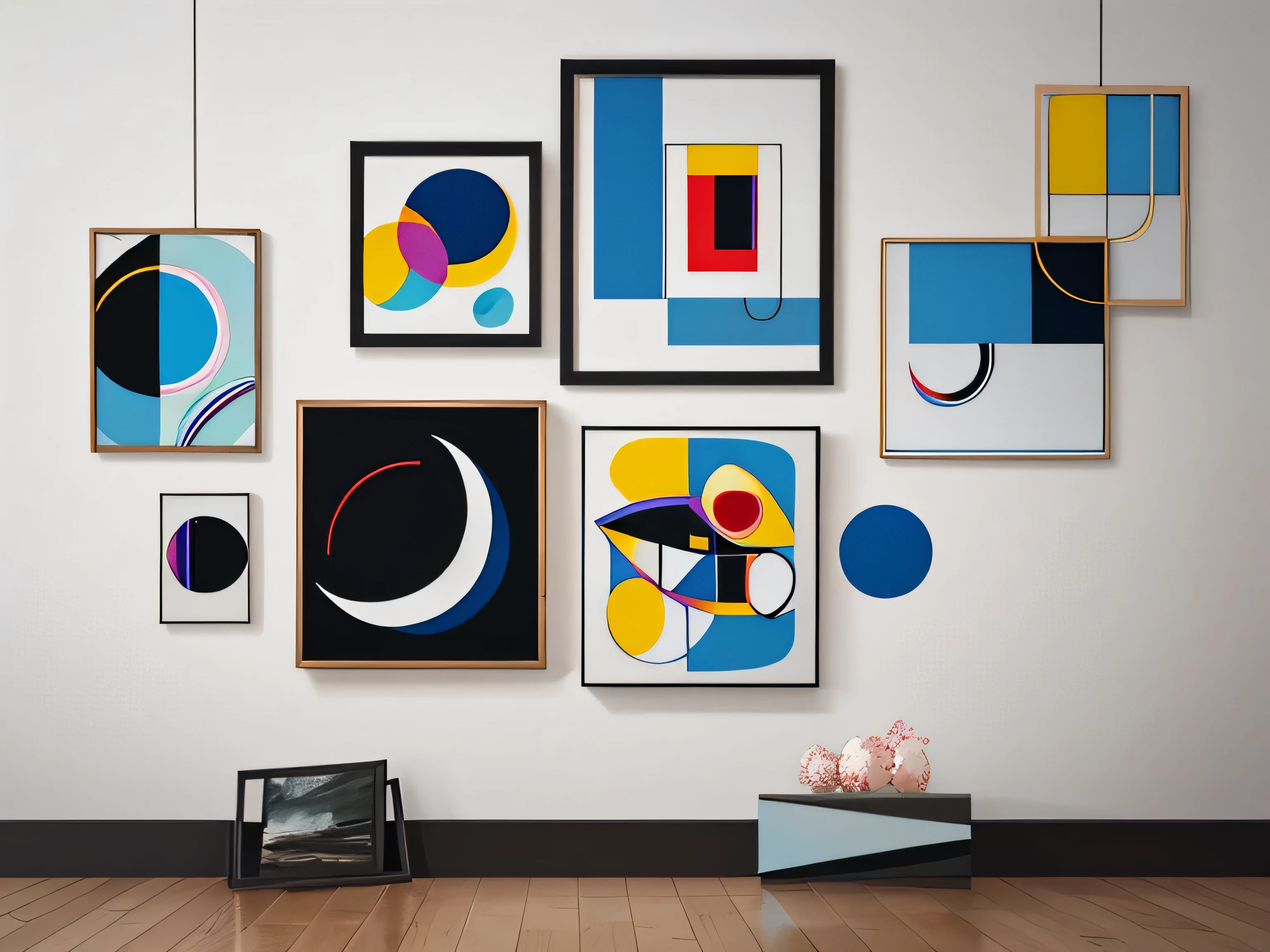 digital art、modern art、Contemporary Art、 Geometric Model、A modern abstract poster for interior decor, inspired by Kandinsky and Mondrian, geometric shapes with bold primary colors (red, blue, yellow, black, white), dynamic layout with circles, lines, triangles. Contemporary art fusion: includes photo collage elements, digital textures like concrete and metal, minimalistic negative space, soft shadows, high resolution, centered composition, suitable for stylish home interior, museum-style lighting, clean background, 3D depth. Minimalist wall art, digital abstract collage, modern art print for interior, Scandinavian decor, neutral background with bold highlights