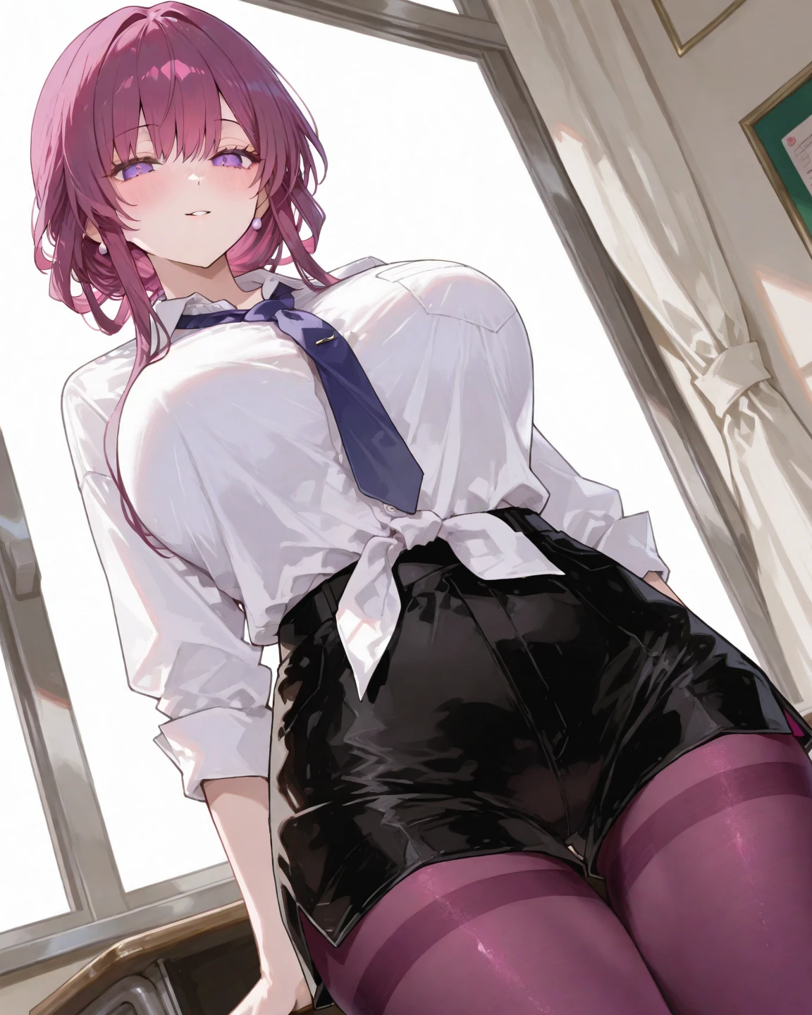 turn around、back、Ultra-detailed illustrations、Ultra-precise expression、masterpiece、Highest quality、ultra High resolution、High resolution、Hiromitsu Takeda Style、White background、Simple Background、One girl、solo、Mash Kyrielight、light purple hair,short hair,hair over one eyes、Black sleeveless dress, White collar、Red tie、Black Pantyhose、Purple panties、Brown boots、Purple eyes、Vulgar expression、smile、Open your mouth、blush、Large Breasts、Big Breasts、Choker of Hearts、White Breath、Sweat、Glowing Skin、shiny skin、Angle behind、View your viewers、Place the index finger of one hand over your mouth、