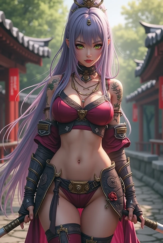 ((1girl, solo)), beautiful body, (perfect anatomy, perfect body, perfect hands, perfect legs), natural proportions, sexy body, large breasts, ((full body, full body front)) BREAK
((extremely detailed face)), (beautiful detailed eyes:1.6), (realistic pupils, realistic iris:1), expressive eyes, looking at viewer, (clear eyes:1.3), (hyperrealistic:1.2), (detailed skin texture:1.2), smooth skin, raiden shogun, (purple hair:1.5), (purple eyes), long hair, very long hair, braid, (braided ponytail:1.5), bangs, parted bangs, hair ornament, hair tie, ((mature female)), ((little smile)), (detailed lips:1.2), (attractive lips:1.1), (glossy lips:1.1), (parted lips), perfect face, perfect eyes BREAK
(revealing clothes:1.5), (japanese armor:1.5), (samurai armor), (groin:1.5), (((highleg))), bikini armor, pelvic curtain, partially visible vulva BREAK
(masterpiece:1.5), anime-style, top quality, best quality, (beautiful and aesthetic:1.2), (ultra detail:1.5), Ultra-detailed depiction, Ultra-precise depiction, extremely detailed 8k illustration, high resolution, (highly detailed shading:1.2), (realistic lighting:1.4), perfect lighting, vibrant colors, dynamic tones, striking hues, 8k, absurd resolution, perfect shadows, hdr, UHD, ambient lighting, realistic, ultra-realistic, photo realistic, highly detailed, rich detail, luminous colors, fine texture, intricate design, professional illustration, (soft light:1.2), (illustration:0.7)