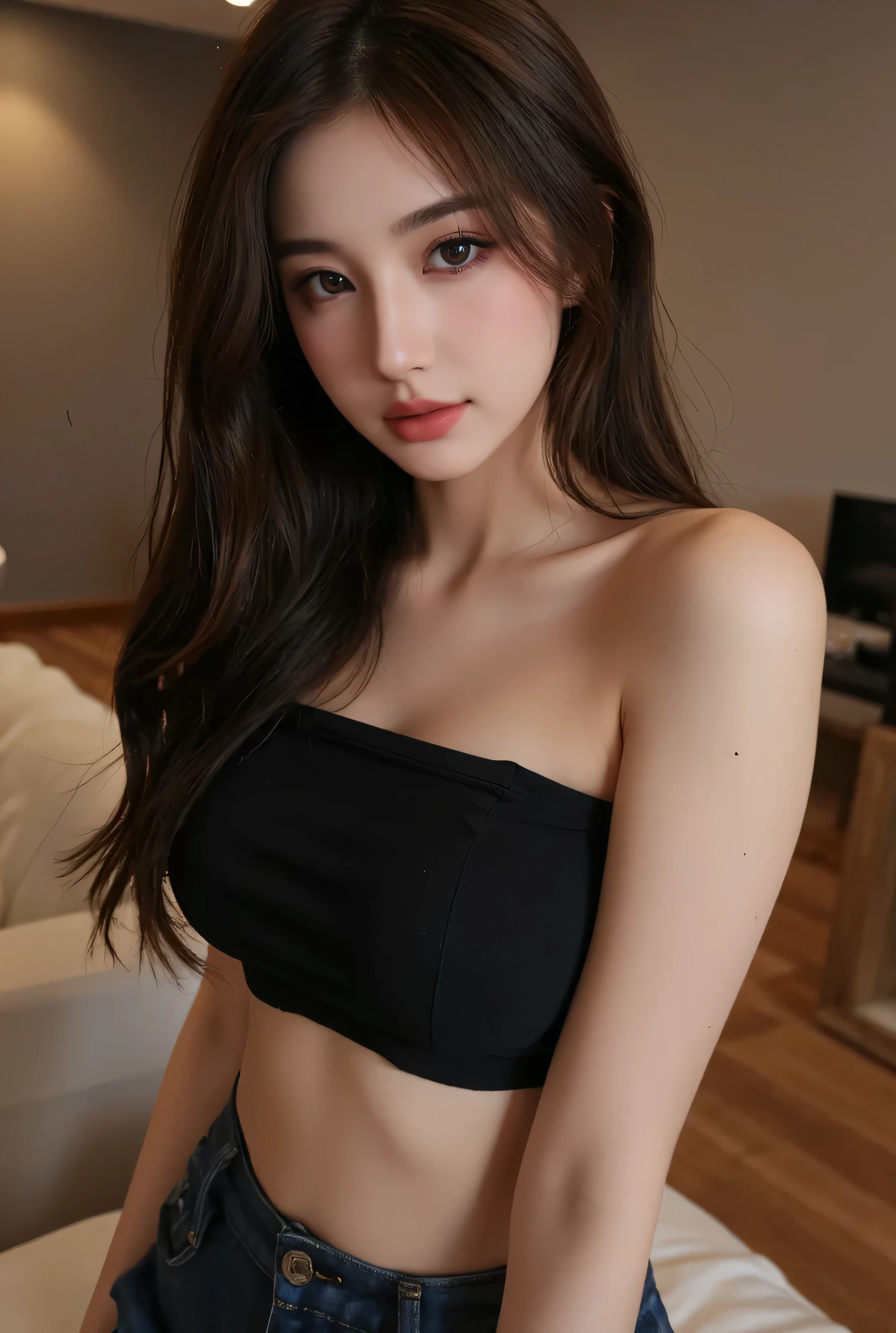 ((Best quality, 8k, Masterpiece :1.3)), Whole body, Sharp focus :1.2, A pretty woman with perfect figure :1.4, Slender abs :1.2, ((Dark brown hair, Big breasts :1.2)), body dress :1.1, (Night city view, Modern balcony :1.1), Highly detailed face and skin texture, Detailed eyes, Double eyelid, Small Bust, OL Uniform, Wearing light grey bra, white legging, exposed cleavage, (Black Pantyhose), (No Panties), Interior Scene, Office