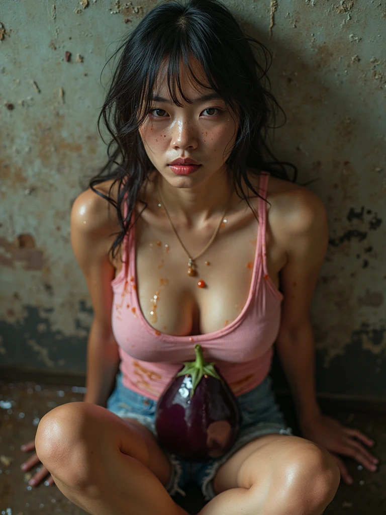 beautiful young asian girl, braided updo hairstyle, wearing a red tank top, short jeans skirt, curvy body, kneeling in the bathroom, his body and clothes were wet because of the water, holding a long slimy eggplant.