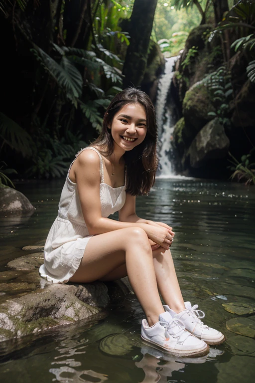 (best quality,ultra-detailed,realistic:1.37),portraits,beautiful young girl,youthful female model,riverbank and rocks or temple or bridge,Sweet girl clothes4, Libra dress,jewelry,sitting under a waterfall,sitting posture,sitting on a rock,drenched all over,masterpiece,extremely detailed description,super fine painting,detailed face,slim figure,long legs,playing in the water,smiling,bright smile