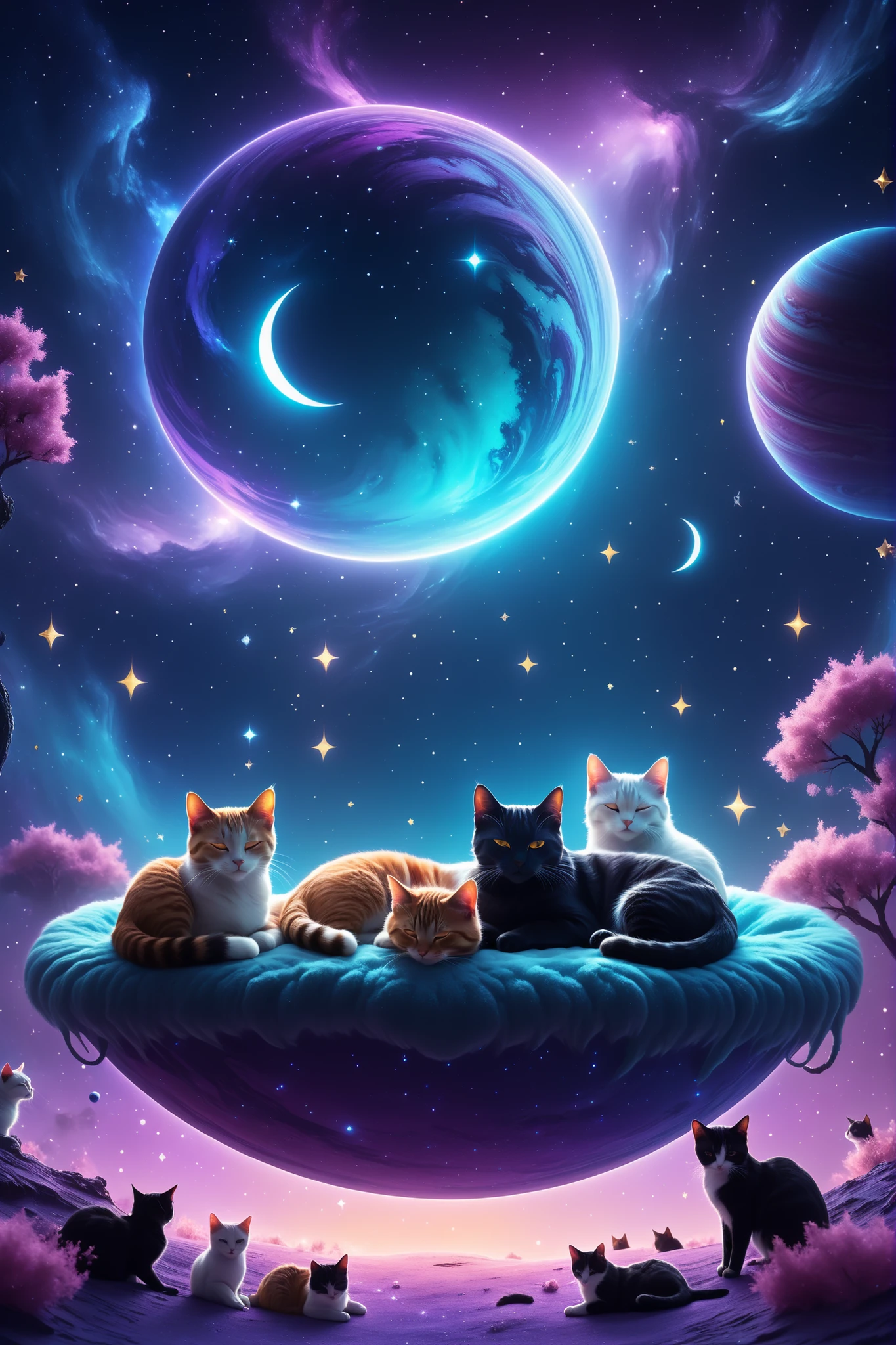 A cozy cosmic planet filled with sleeping cats, soft ambient lighting, floating stars, dreamy colors, banner size, YouTube channel background
