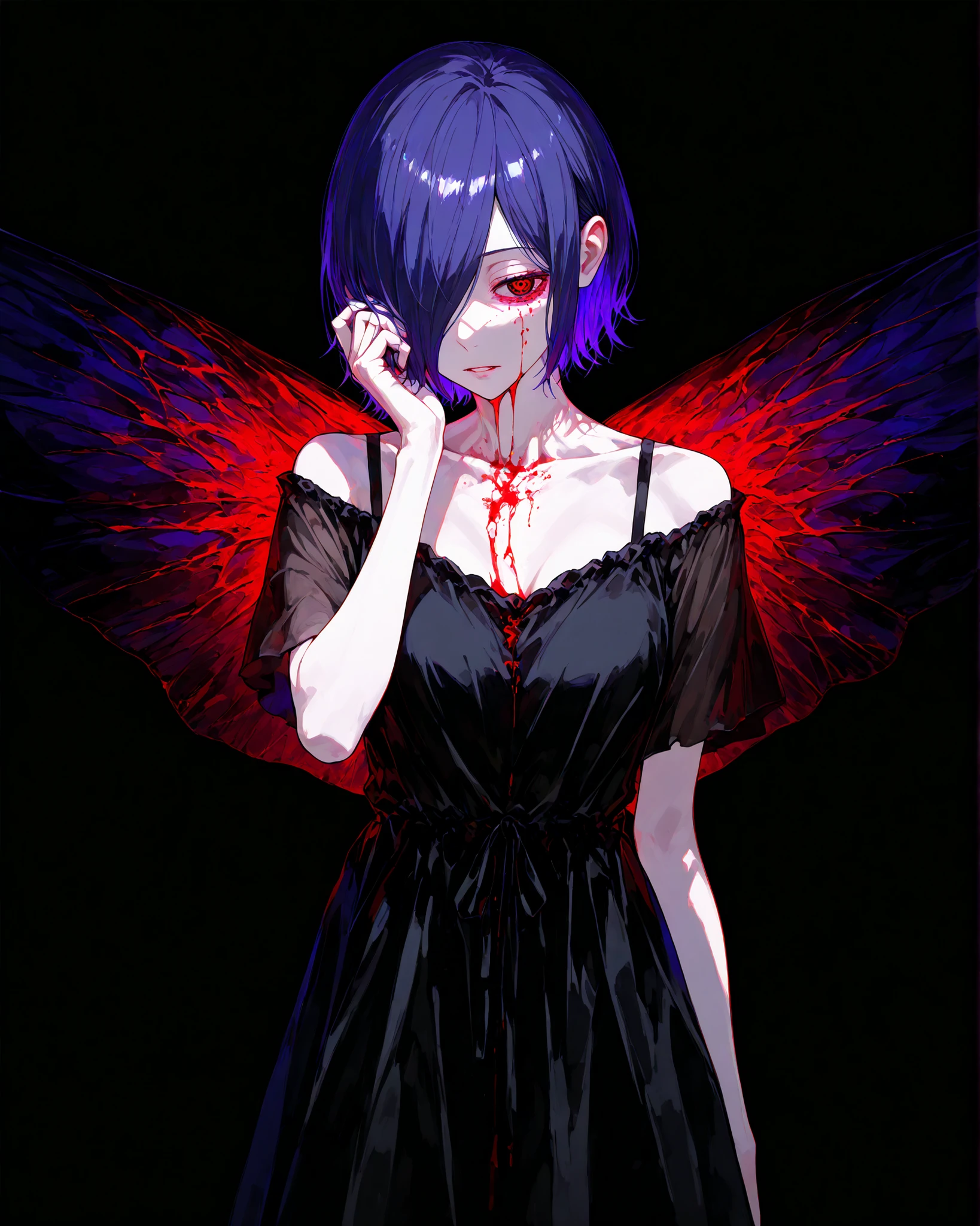 Kirishima touka , Tokyo ghoul , anime girl , Beautiful face , beautiful skin , blue-purple hair , Short hair , Touka Kirishima hairstyle , covering her hair on the left side of her face , Ghoul red eye , good anatomy, black dress , tired body position , kagoni , Kaguni Okaku , touka's Kaguni , Dark black background , kagoni wings with beautiful colors , Saturated colors , Blood , A little blood covers her