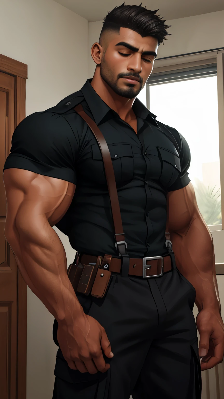 Tightly Eyes closed during pain and little mouth opened during moaning and sobbing A lill beared indian arab young chocolate skin desi jaat muscular young bodyguard boy famous in girls handsome weared full black shirt black cargo trouser bodyguard uniform with spiral earbuds with walky-talky hanging on waist belt underchest suspenders standing in room, masterpiece with messy spiky hairstyle, hd, hdr, D750F nikon camera photography, sharpness, detailed picture, masterpiece