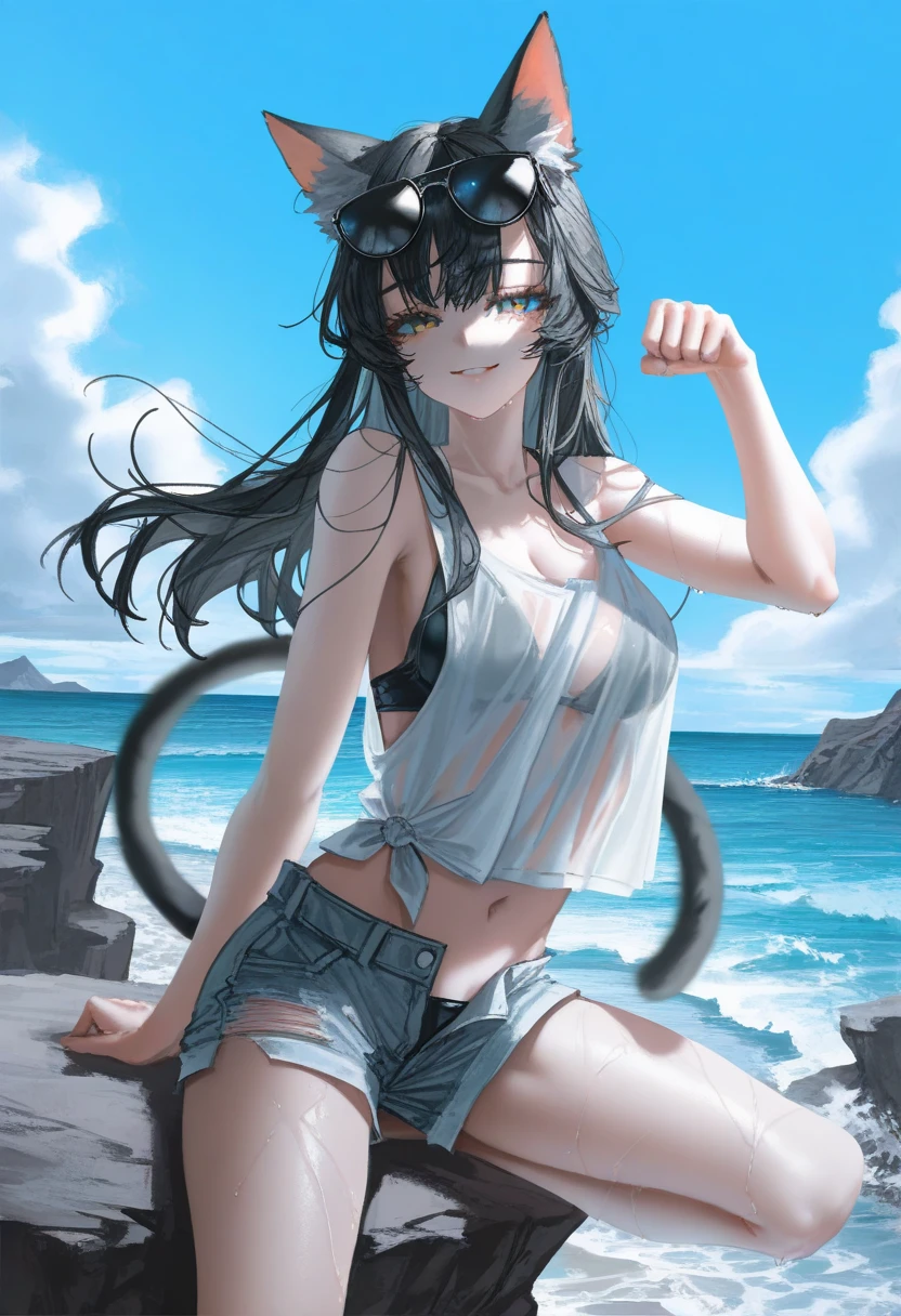 1girl, solo, cat ears,ponytail, battlefield, war,cowboy shot, swimsuit