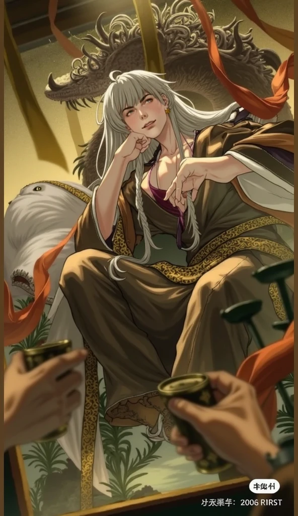 The anime cartoon is handsome, with dark hair and dark skin in the form of a reef but with long hair. The back tone is darker than the sample, with a snake with imugi-like scales on the back, taking the same pose as in the first picture.