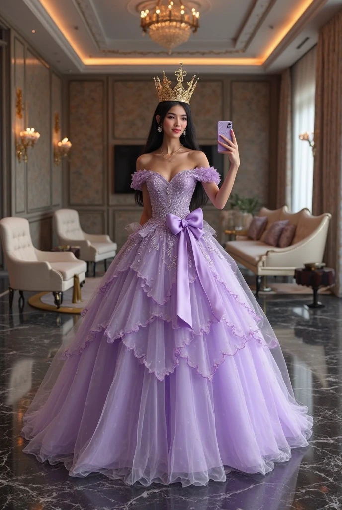 Dramatic composition, court-style dresses, royal, gorgeous, cascading frills, ruffles, bows, crystal chandeliers, Roman curly hairstyles, ponet, double ponytails like drills, look at the camera, bangs, maximalism, palatial background, delicate portrayal of hair and eyes, princess dresses, gorgeous skirts, flowers in hand, smiles, starry eyes, cinematic light, extreme detail, high definition, happy girl, very long hair, diamonds, broken diamonds, crystal fragments, light particles