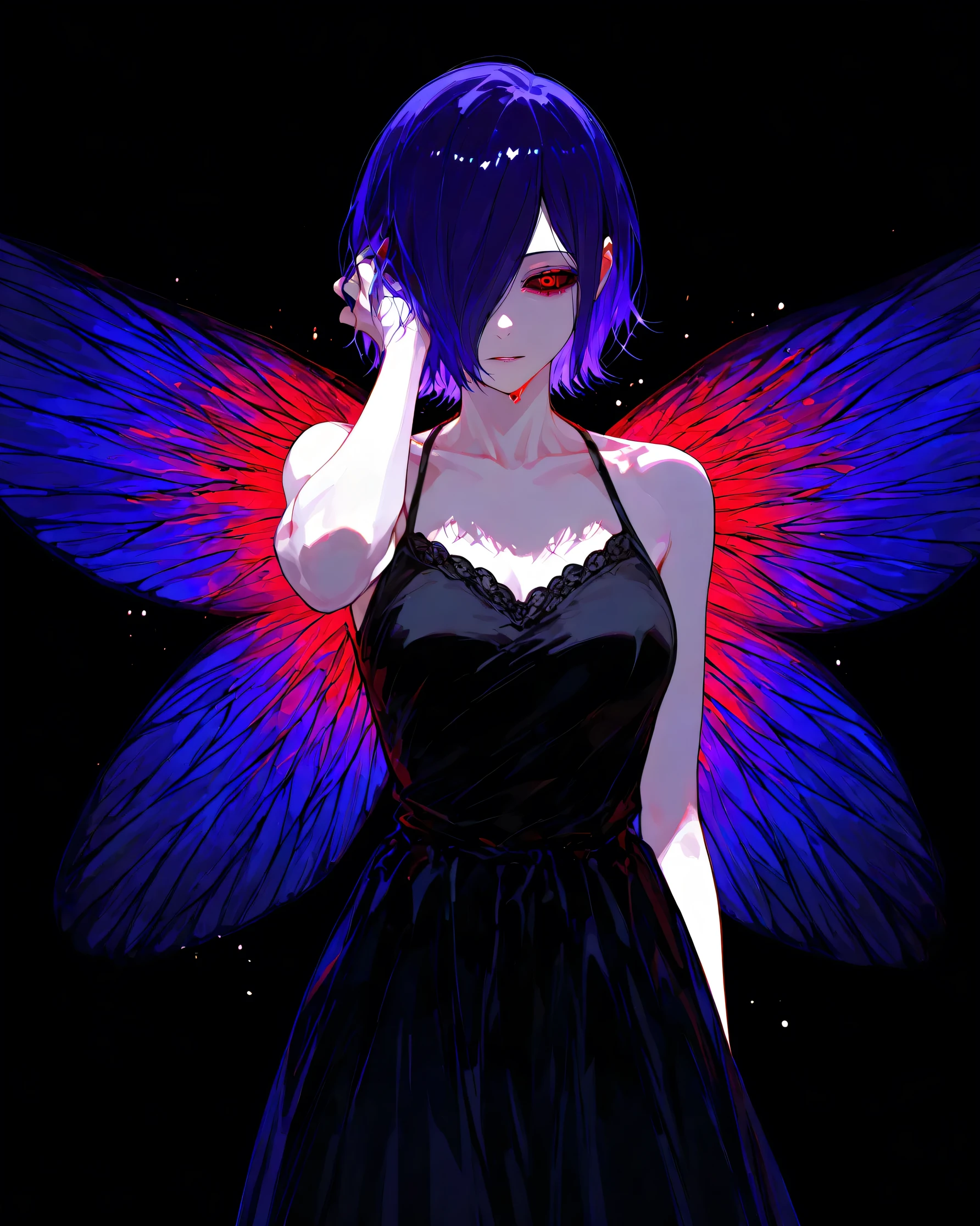 Kirishima touka , Tokyo ghoul , anime girl , Beautiful face , beautiful skin , blue-purple hair , Short hair , Touka Kirishima hairstyle , covering her hair on the left side of her face , Ghoul red eye , good anatomy, black dress , tired body position, Kaguni Okaku, Dark black background , ((kaguni wings with beautiful colors)) , Saturated colors , Blood , A little blood covers her