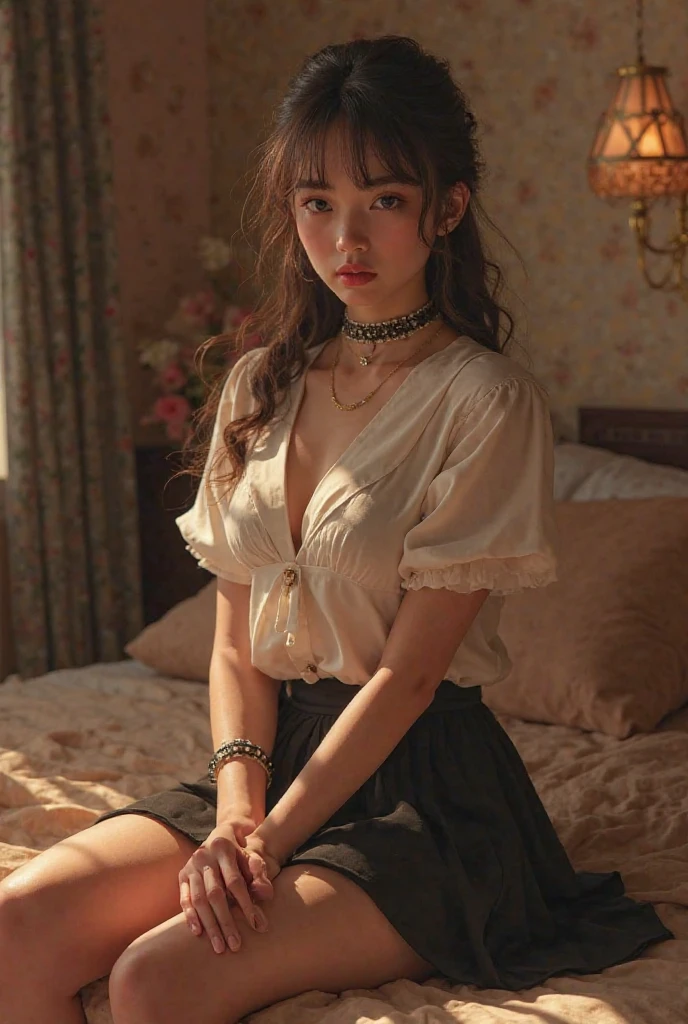Best quality, masterpiece, ultra high res, (photorealistic:1.4), raw photo, 1woman hottie of 32 years old, goddess, off shoulder, pijama lace short pants, cinematic lighting