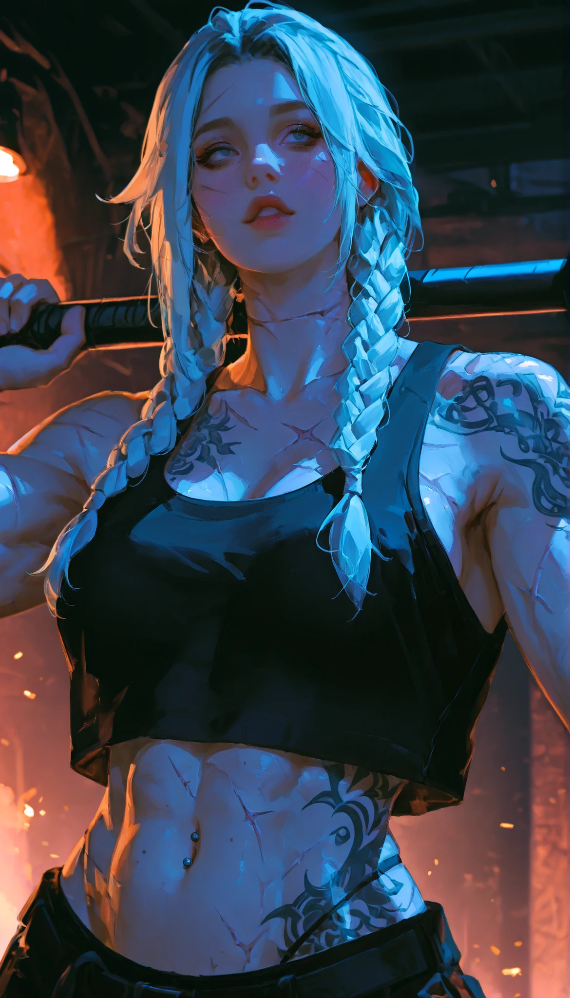 a sexy lean muscular woman with long white braided hair, beautiful detailed eyes, beautiful detailed lips, extremely detailed face, longeyelashes, numerous tattoos and scars on her body, a barbell piercing on her belly button, wearing a black tank top and black shocks, high quality, 8k, hyper detailed, photorealistic, cinematic lighting, dynamic pose, dramatic lighting, fantasy portrait