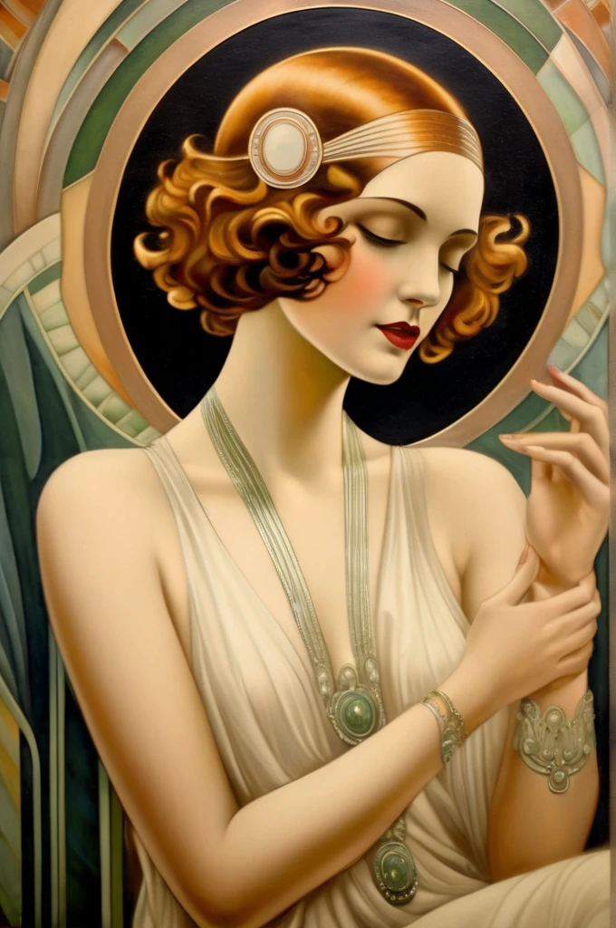 captivating oil painting focusing on the theme of a sensual woman, deeply influenced by the elegance of Art Deco, the organic forms of Art Nouveau, 1920s