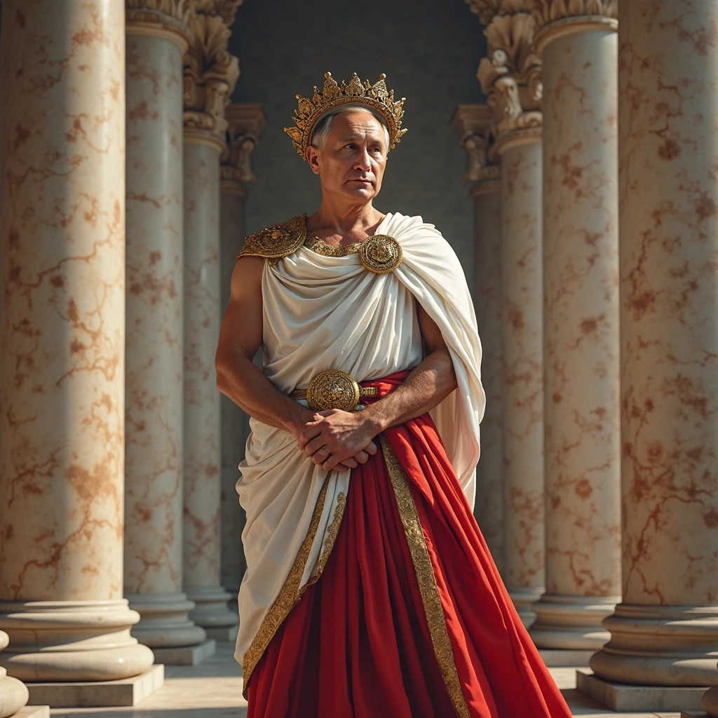 Realistic 3D portrait of Julius Caesar looking straight into the camera, showcasing his imposing stature and determined expression. Be sure to capture the details of his Roman toga and insightful gaze. The scene should evoke the power and authority of the Roman Empire and the opulence of the character