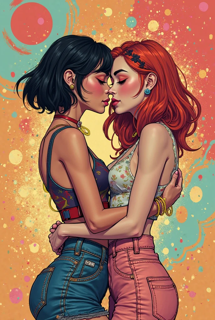 Two women kissing in the woods, one has short shoulder-length hair and it's purple, The other one is taller, she has orange hair and wears a braid, While they're kissing, the orange-haired girl is stabbing the purple-haired girl in the stomach in a comic book style.