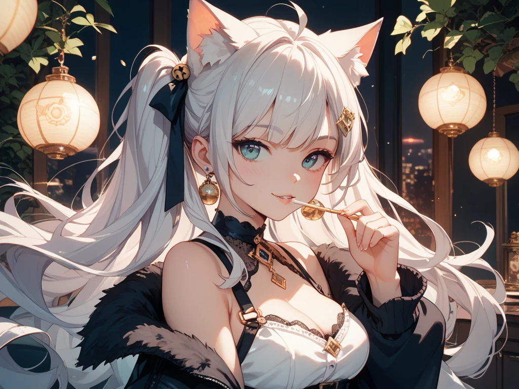 （（tmasterpiece：1.4，Best quality at best））+，（hyper-detailing）+，（詳細な目：1.5）+，（fox ear：1.5），（cute girls），（gold eyes：1.5），（Long gray hair:1.5），（fox tails：1.2），pale-skinned，Seductive smile，red crystal earrings，（Red maid outfit：1.5），（black ribbon，White stockings，White apron：1.4），red silk gloves，Golden Palace，tropical garden，（Classical maid：1.1），（dawn light：1.2），（Thick black and white：1.16），（depth of fields：1.4），Complicated details，color mixing，Detailed route，Excellent,super detailing,The content is very detailed,(hight contrast:1.11),ventania,Amazing cleavage,beautidful eyes,messy  hair,(best illuminate，Extremely Delicately Beautiful), ((movie light lighting)), (elevation perspective:1.3)，8K,tmasterpiece，Best quality at best，cinematic Film still from，1 plump girl，（Close-up cleavage：1.1），bright，Interesting，gentlesoftlighting，（bauhause，shape，line engineering，Abstract：1.1）offcial art， Unity 8k壁纸， ultra - detailed， Beautiful and beautiful， tmasterpiece， Best quality at best， （dynamic angle：1.4），PerfectNwsjMajic，（tmasterpiece，top-quality，Best quality at best，offcial art，Beauty and aesthetics：1.2），The content is very detailed，rich colourful，highest details，