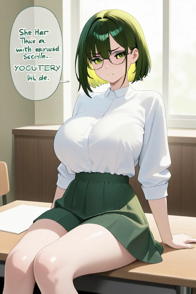(masterpiece:1.2),(anime)、1 cute girl、((Full nudity))、Green Hair、Half Up Hair、Glasses that have shifted downwards、From the side、Saggy breasts、Very big ass、Kneeling, smile, Open your mouth,((Open your mouth and stick out your tongue、Drooling))、Hearts float、Ecstasy face、Sweat、A man grabs her from behind and rapes her、Back position、Sex、Shaking breasts、Intense movement