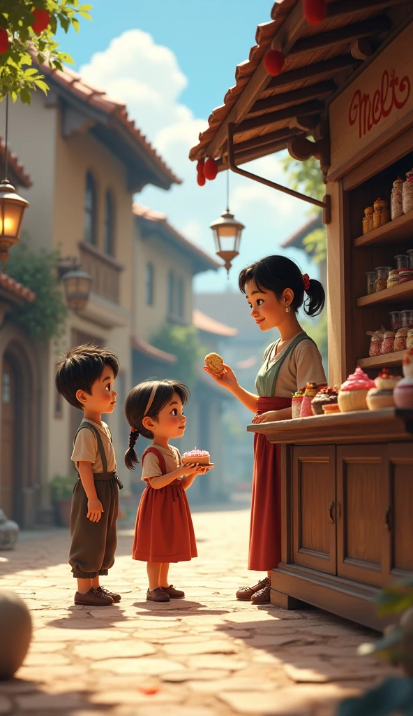 Visualize Lily and her mother navigating through crowded streets lined with bustling market stalls. The scene is filled with a kaleidoscope of colors as merchants display their diverse wares.