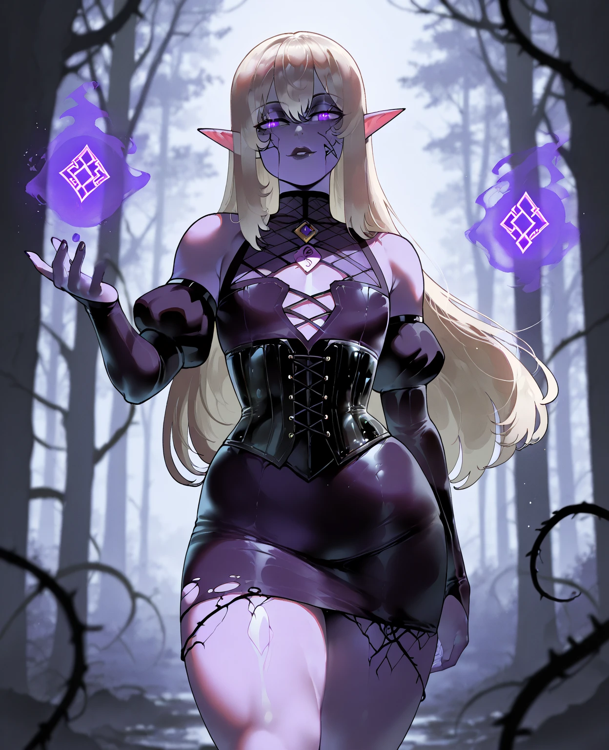 A moon elf greatly resembling Paris Hilton (age 25, blue skin, violet eyes, silver hair, sheer spider silk lingerie, silver body jewelry) is walking through a spider infested haunted woods, webs obscure the moon and carpet the ground. Immense webs and spiders in the tree tops.
