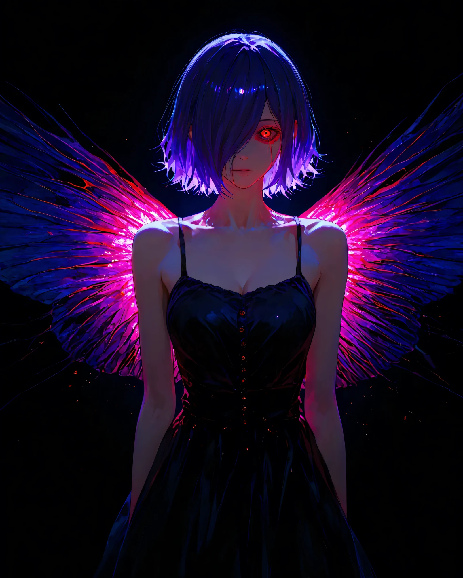 highly detailed, ultra-detailed, finely crafted features, glowing lighting, photorealistic, Moody Atmosphere8k, dark lighting , masterpieceKirishima touka , Tokyo ghoul , anime girl , Beautiful face , beautiful skin , blue-purple hair , Short hair , Touka Kirishima hairstyle , covering her hair on the left side of her face , Ghoul red eye , good anatomy, black dress , tired body position, Kaguni Okaku, Dark black background , ((kaguni wings with beautiful colors)) , Saturated colors , Blood , A little blood covers her