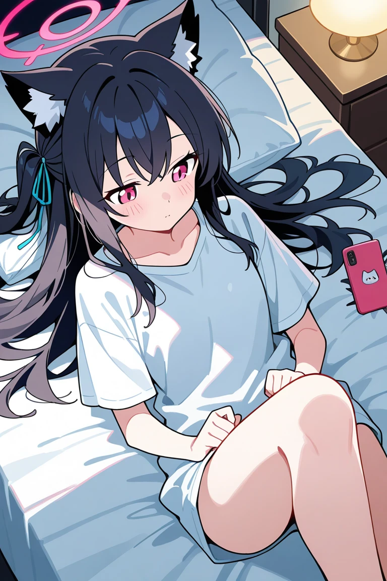 2D anime-style illustration of Serika from Blue Archive lying on a bed, casually using her phone. The scene is viewed from a diagonal top-down angle, as if looking down from above and slightly to the side. Serika has a relaxed expression, with soft lighting gently illuminating the room. She has her signature cat ears, adding a cute and playful touch to her look,pink eyes, while her long hair is a deep black, spread out on the pillow. The bed is decorated in pastel tones, with a few plush toys and a lamp adding to the cozy ambiance. Serika is wearing comfortable casual attire, and the phone screen gives off a soft glow, lighting up her face. The scene conveys a peaceful, laid-back atmosphere.