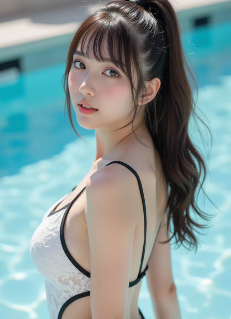 hightquality、masterpiece、ultra res、a beauty girl、Beautiful girl face、cute girl face、Poolside at night、bunnygirl、Wearing a bunny girl cosplay、full bodyesbian、Famous actresses of Japan、very beautiful face