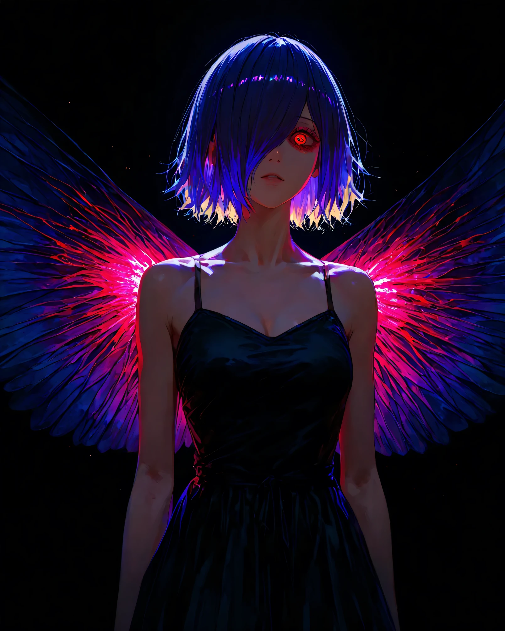 highly detailed, ultra-detailed, finely crafted features, glowing lighting, photorealistic, Moody Atmosphere8k, dark lighting , masterpieceKirishima touka , Tokyo ghoul , anime girl , Beautiful face , beautiful skin , blue-purple hair , Short hair , Touka Kirishima hairstyle , covering her hair on the left side of her face , Ghoul red eye , good anatomy, black dress , tired body position, Kaguni Okaku, Dark black background , ((kaguni wings with beautiful colors)) , Saturated colors , Blood , A little blood covers her