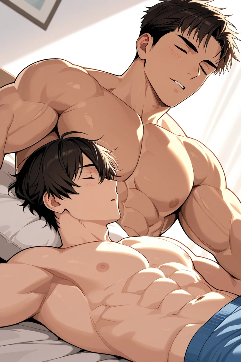 Masterpiece, top quality, size comparison of two age boys, no clothes, 2boy.  The big boy's pectoral muscles were bigger and heavier than the littso the big boy used his huge weight to push the little boy agaall.  muscular man, pectorals, large nipples, male, abs, grinning, NSFW, sexually suggestive, anime muscles, bulges, pectorals, yaoi, sweating, blushing, {{detailed face} }, {{ High quality}}, {{ detailed eyes}}, gay couple, shirtless,