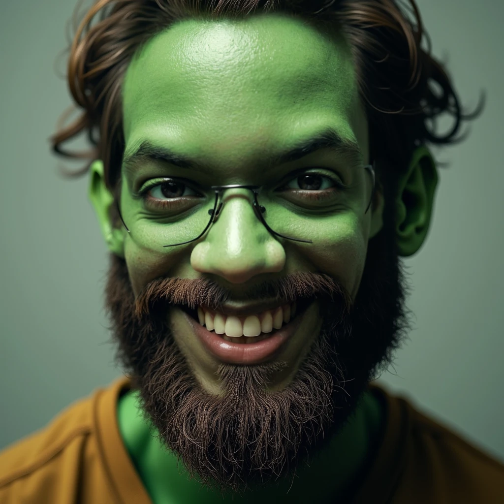 smiling bearded man, deep eyes, green skin