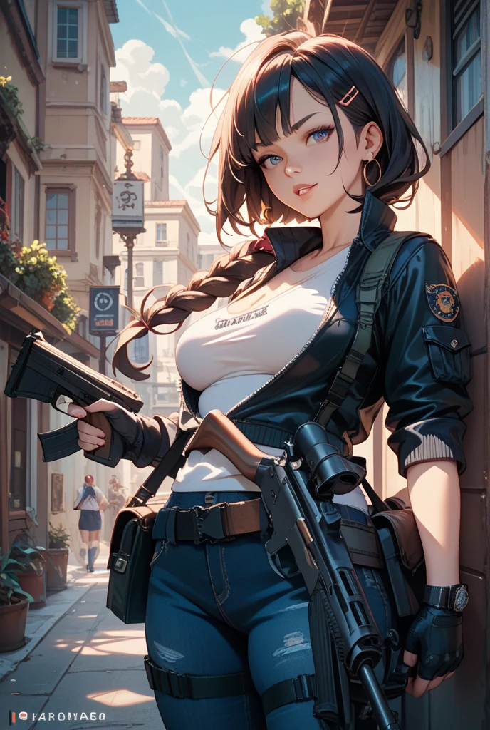 (((masterpiece))),(((High resolution)))、(((8K quality)))、(((perfect face)))、(((woman having the rifle))), ((panty)), look at the camera, ((top quality eyes)), detailed texture
