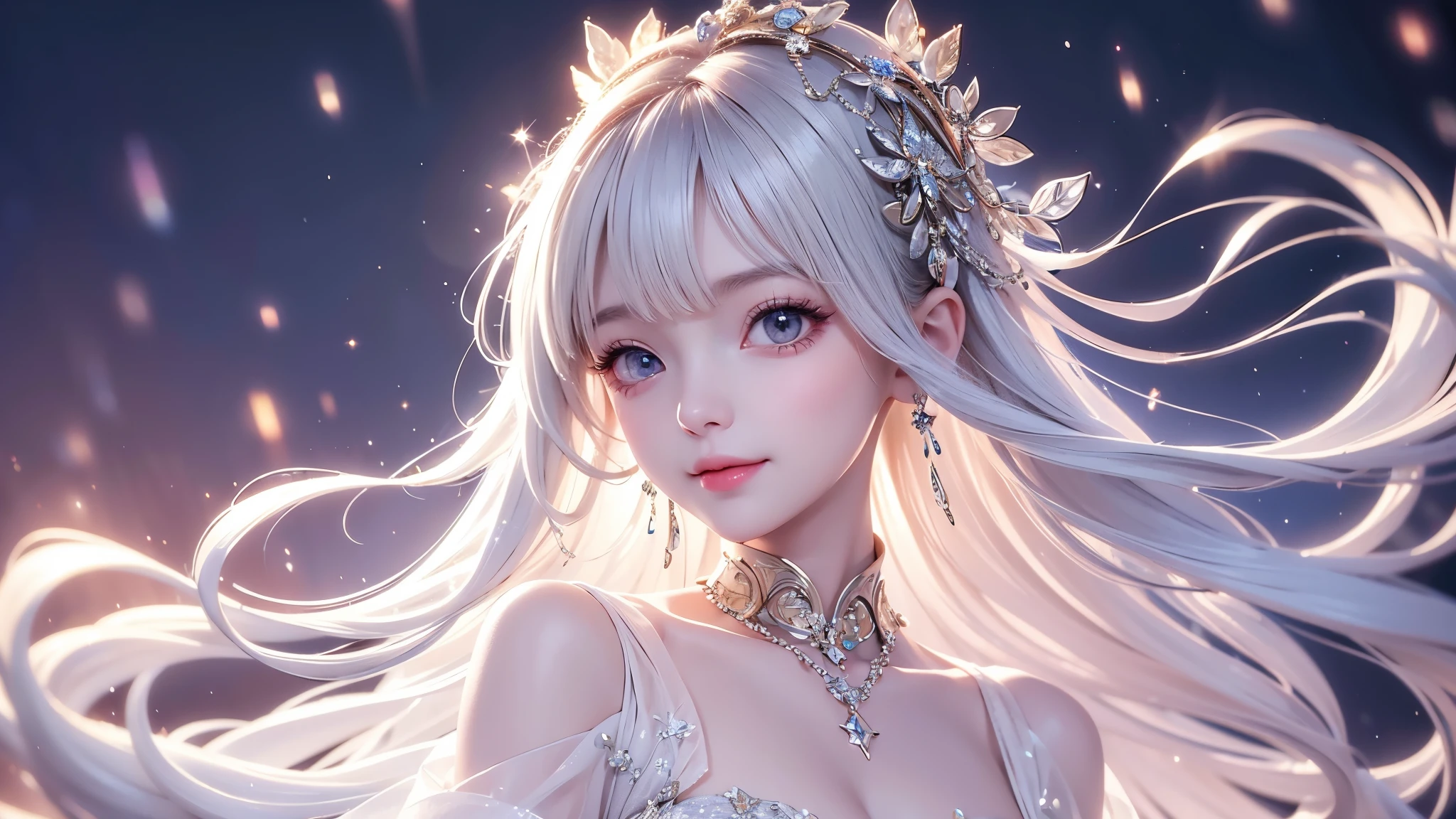 (masterpiece),(4K),High Quality,(small breasts),one girl、Sexy Saints , long silver hair ,pale skin,smile, Beautiful Detailed Grey Eyes, ( HIGH DEFINITION AND ELEGANT ),( White Capelet Fashion), MAGICAL COLOR AND ATMOSPHERE , detailed skin from sleeve to chest,(Cute sparkle), light particles, The background is softly blurry ,Add dramatic and iconic elements to the scene, the border of the explanation before the big end, Bokeh, feels silky , transparent silk, soft, Lightweight clothing、H gold rewards、transparent 、 Hyper Details,Creating a Dreamy Elegant Atmosphere