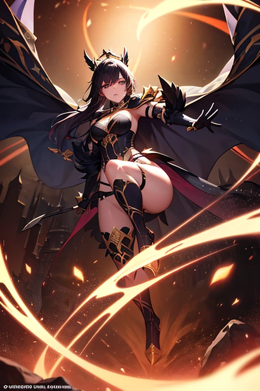 An evil magical girl in a skimpy outfit stands alone. Her costume is made up of latex fabric and transparent tights. She wears sharp black bikini armor. A hair ornament with sharp angles on her head. Sharp claws on her fingertips. A heart tattoo around her navel. Purple eyes that shine with light. Futuristic machines in the background