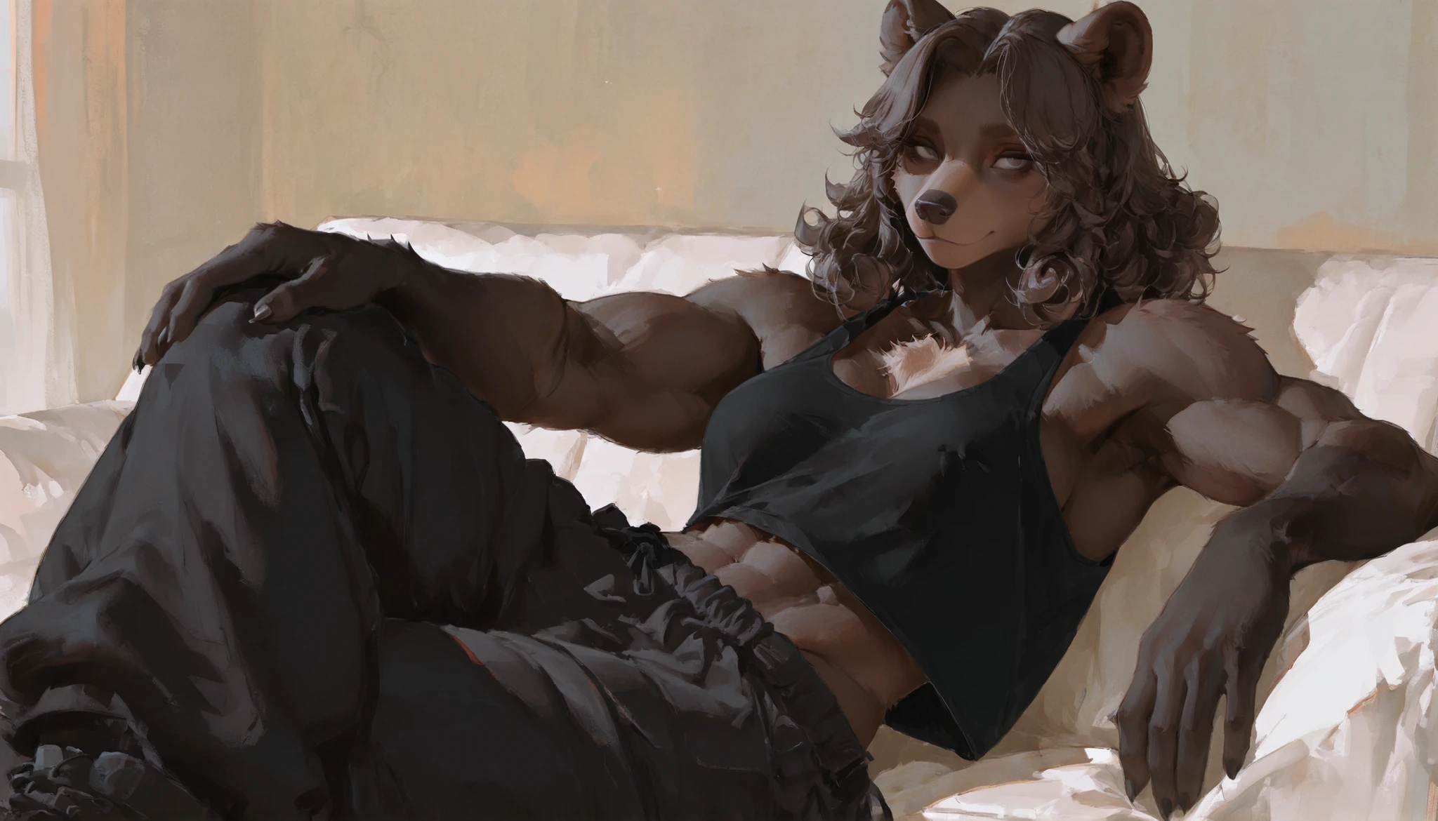best quality, amazing quality, very aesthetic, absurdres, 1girl, (furry, kemono:1.2), A brown bear, bear girl, sexy lean muscular, brown slightly curly hair, gray eyes, confident, charming, black tank top, baggy pants
