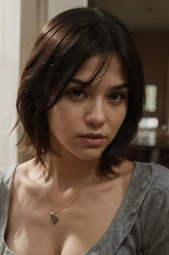 make a dark horror youtube thumnail image of a young woman is seen holding a small object that resembles a key in her hands. She is wearing a vibrant red tank top and has short dark hair Her expression is scared as she examines the key which is held up close to her face. The background suggests an indoor setting with wooden walls and shelves hinting at a rustic or aged environment