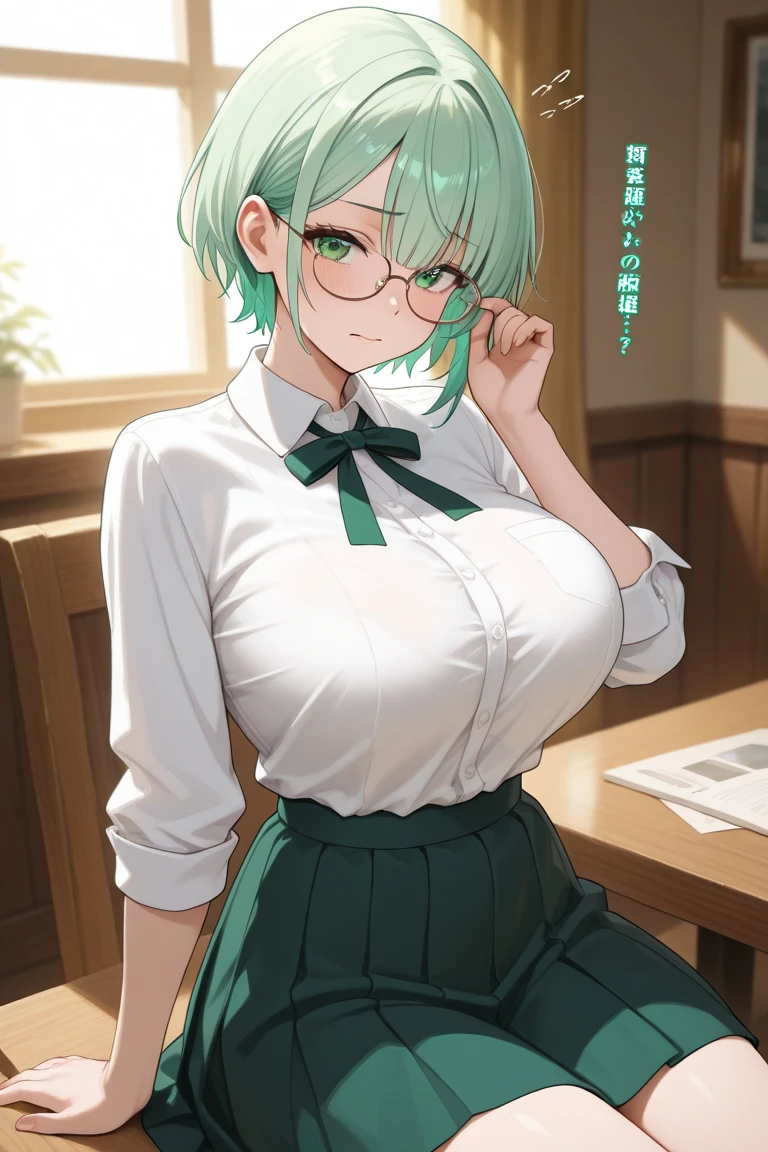 NSFW,1girl,Green Hair,Light green eyes,Curly medium short hair,Square glasses,Wearing a large white coat,,Dairy-free,garter belt,Expressionless,desk,Character portrait,full  Art,