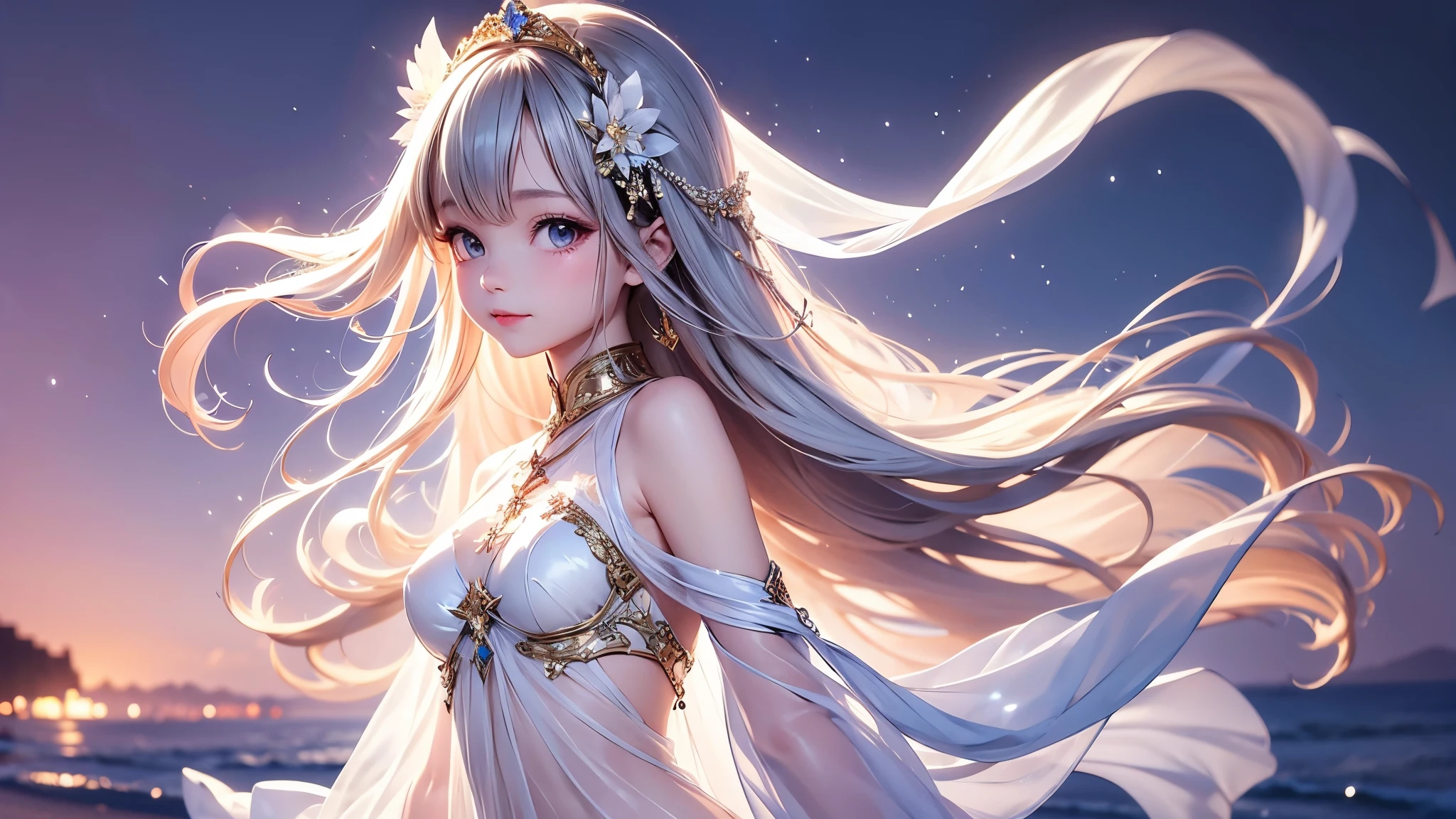 (masterpiece),(4K),High Quality,(small breasts),one girl、Sexy Saints , long silver hair ,pale skin,smile, Beautiful Detailed Grey Eyes, ( HIGH DEFINITION AND ELEGANT ),( White Capelet Fashion), MAGICAL COLOR AND ATMOSPHERE , detailed skin from sleeve to chest,(Cute sparkle), light particles, The background is softly blurry ,Add dramatic and iconic elements to the scene, the border of the explanation before the big end, Bokeh, feels silky , transparent silk, soft, Lightweight clothing、H gold rewards、transparent 、 Hyper Details,Creating a Dreamy Elegant Atmosphere