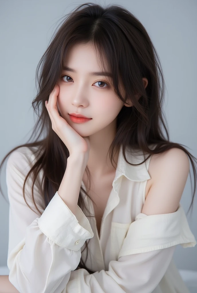 Highest quality, masterpiece, super highlets, (picture real: 1.4), live photo, 1 girl, black hair, glossy skin, WET BODY, dramatic lighting, whole body, natural chest, low position, low angle, loose clothes